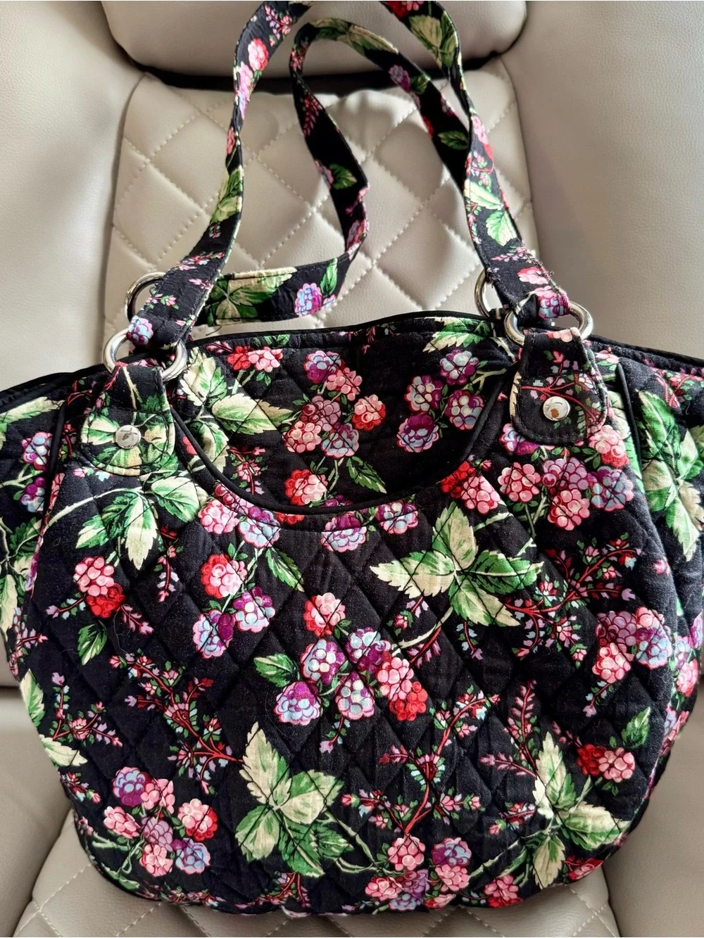 Vera Bradley Black Quilted Tote with Pink & Red Floral Print